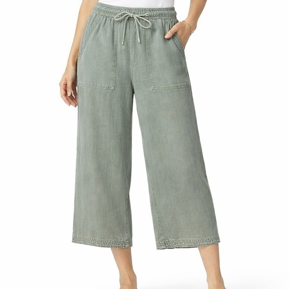 Joie Pants - JOIE Green Linen Lyocell Wide Leg Crop Pants Drawstring Elastic Waist L Coastal